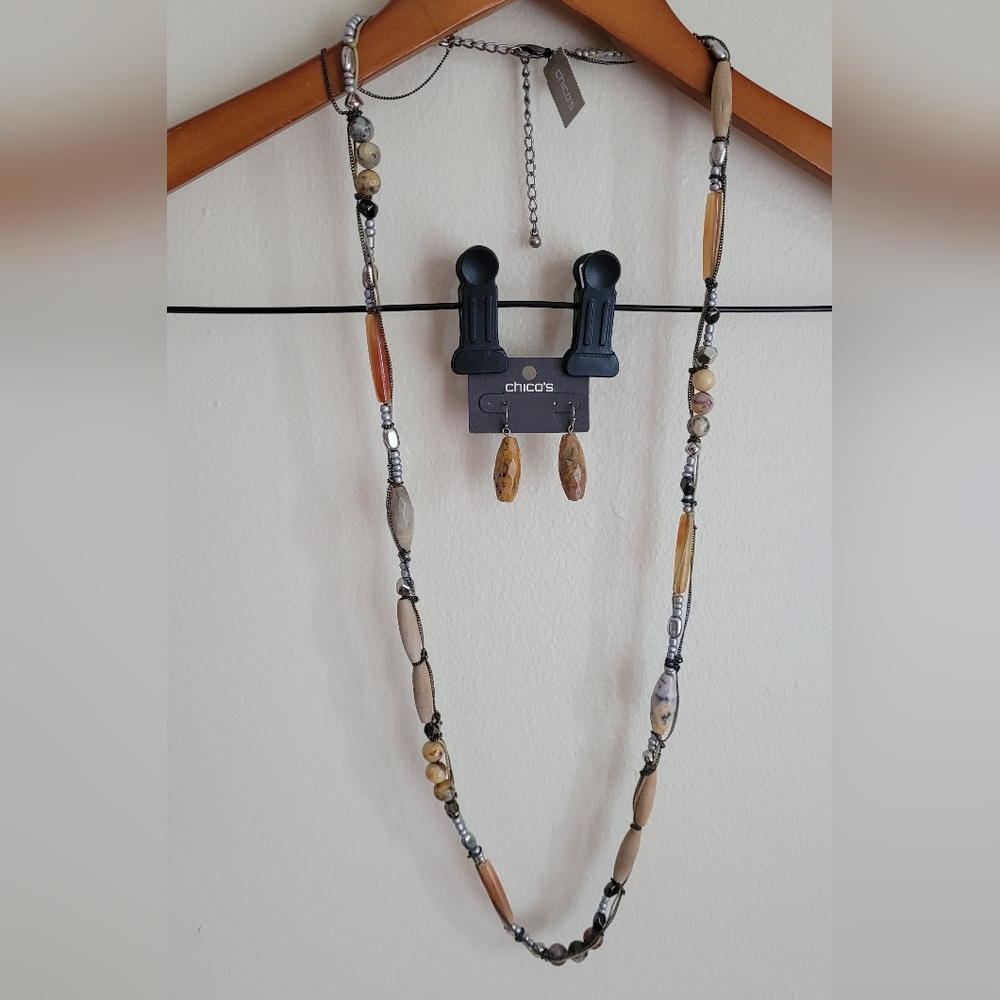 Chico's 3 Strand Stone and Bead Necklace and Earring Set, Silver, Brown, Cream.